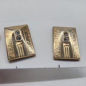 Vintage Gold Toned Cufflinks With Rhinestones Rectangles Embossed Design